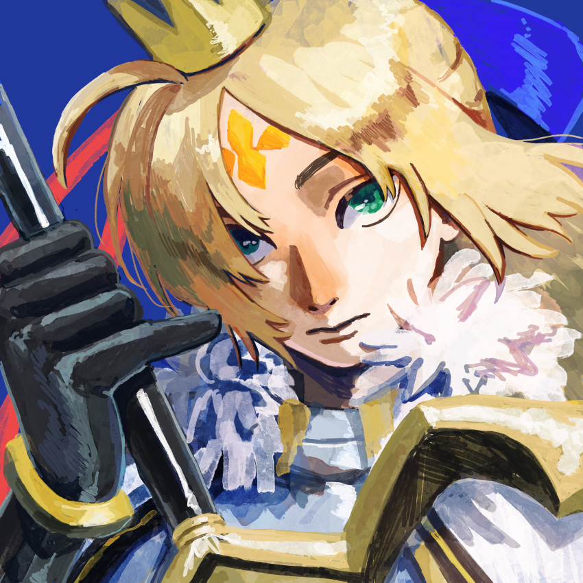 1girl artoria_caster_(fate) artoria_caster_(third_ascension)_(fate) artoria_pendragon_(fate) bangs blonde_hair crown facial_mark fate/grand_order fate_(series) forehead forehead_mark green_eyes highres marmyadose_(fate) nekoneko5012 parted_bangs portrait