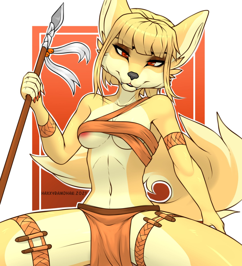 2021 anthro armband blonde_hair bottomwear bracelet breasts canid canine clothed clothing fangs fur hair haxxyramdhan hi_res holding_object holding_spear holding_weapon jewelry legband loincloth looking_at_viewer mammal melee_weapon polearm signature simple_background spear warrior weapon yellow_body yellow_fur