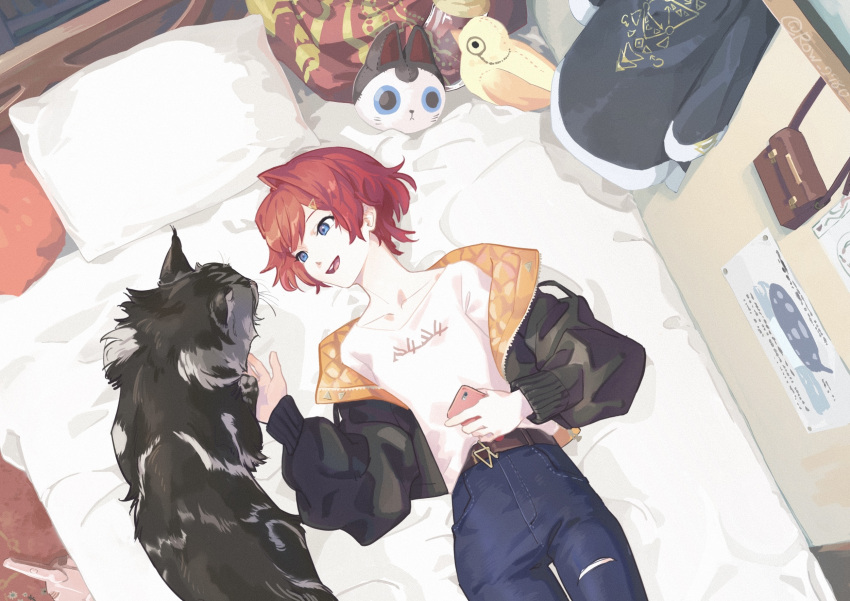 1girl ange_katrina bed black_jacket blue_eyes collarbone denim highres holding holding_phone jacket jacket_removed jeans lying nijisanji off_shoulder official_alternate_costume on_back on_bed pants phone red_hair row_(row2780) sebastian_piyodore shirt short_hair smile solo stuffed_toy white_shirt