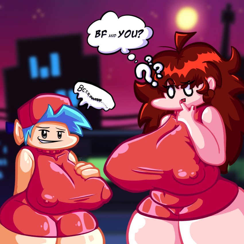 big_breasts black_eyes blue_hair boyfriend_(fnf) breasts brown_hair clothing colored_nails dialogue dialogue_box dress eyelashes friday_night_funkin' girlfriend_(fnf) grin hair hat headgear headwear hi_res nails not_furry puffylover69 question question_mark red_clothing red_dress red_hat red_headwear red_nails shocked_expression smile smug thick_thighs thinking tight_clothing tight_dress