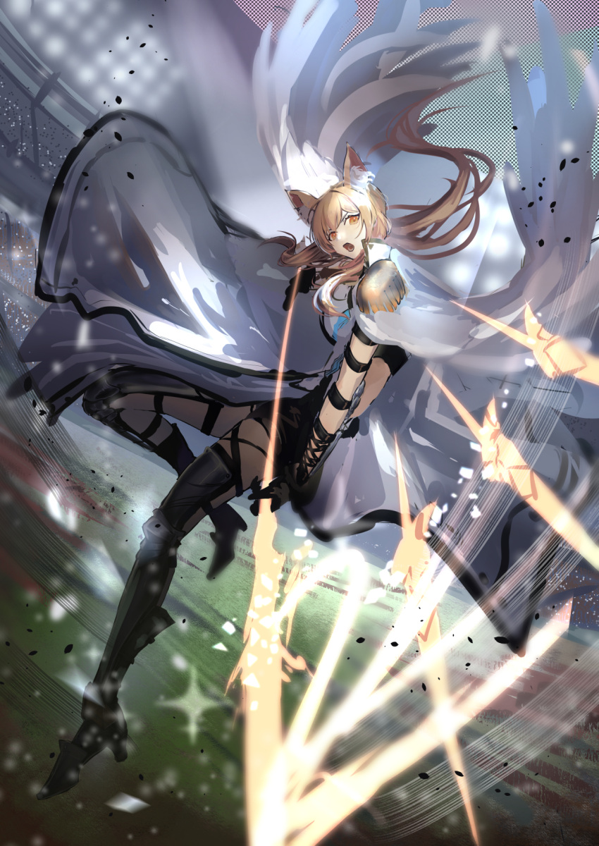 1girl animal_ear_fluff animal_ears arknights armored_boots black_gloves black_shorts blonde_hair boots coat commentary_request crowd dynamic_pose energy_spear energy_sword gloves grass highres holding holding_polearm holding_weapon horse_ears horse_girl long_coat natsuba002 nearl_(arknights) nearl_the_radiant_knight_(arknights) no_headwear open_mouth polearm shorts sleeveless solo spotlight stadium sword thigh_boots thighhighs weapon white_coat yellow_eyes zettai_ryouiki