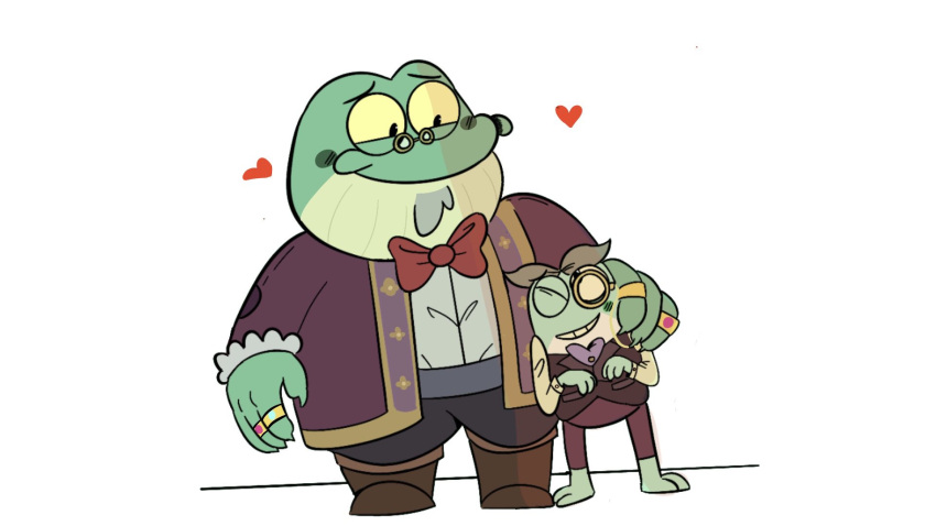 &lt;3 2022 amphibia_(series) amphibian anthro beard beargarbage bow_tie clothed clothing disney duo eyewear facial_hair frog glasses green_body hi_res humanoid_hands male male/male mayor_toadstool simple_background size_difference