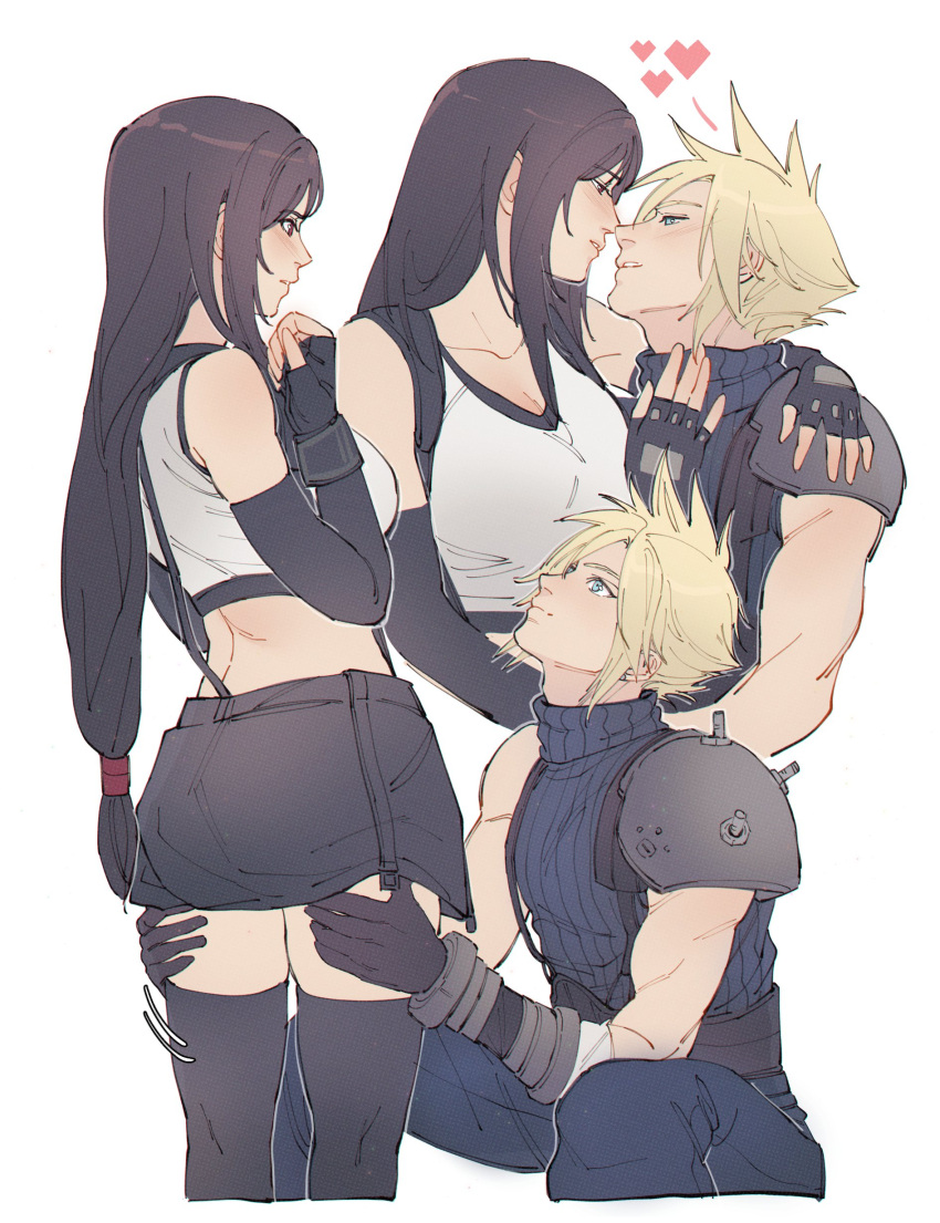 1boy 1girl absurdres armor bare_shoulders black_hair black_legwear black_skirt blue_eyes blush cloud_strife couple crop_top detached_sleeves final_fantasy final_fantasy_vii final_fantasy_vii_remake gloves hands_on_another's_thighs heart hetero highres long_hair looking_at_another low-tied_long_hair perlmuttt red_eyes shoulder_armor skirt sleeveless sleeveless_turtleneck spiked_hair suspender_skirt suspenders tank_top thighhighs tifa_lockhart turtleneck white_background white_tank_top zettai_ryouiki