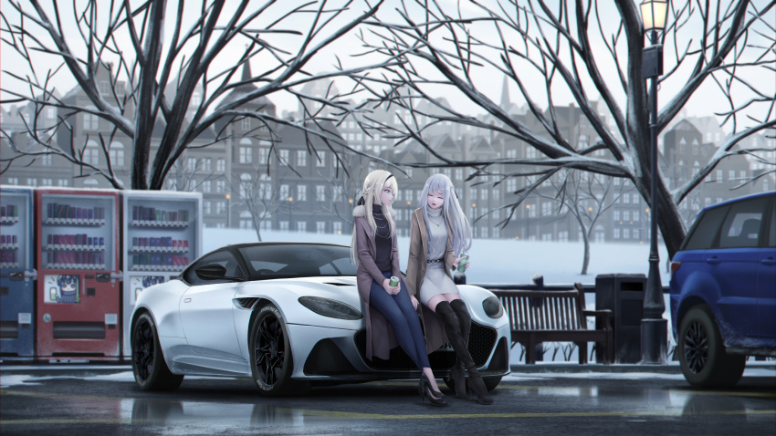 2girls ak-12_(girls'_frontline) an-94_(girls'_frontline) aston_martin aston_martin_dbs bare_tree belt bench black_footwear blonde_hair boots brown_jacket can car city closed_eyes coat commentary crossed_ankles denim dress english_commentary fur-trimmed_coat fur_trim fuyu_no_kaze girls'_frontline ground_vehicle hairband high_heels highres holding holding_can jacket jeans jewelry lamppost land_rover looking_at_another m4a1_(girls'_frontline) motor_vehicle multiple_girls necklace on_vehicle outdoors pants parking_lot photo-referenced poster_(object) pumps range_rover red_lips reflection road scenery shoes sitting sitting_on_object skirt snow soda_can street sweater sweater_dress talking thigh_boots thighhighs trash_can tree turtleneck turtleneck_sweater vector_trace vehicle_focus vending_machine wide_shot winter