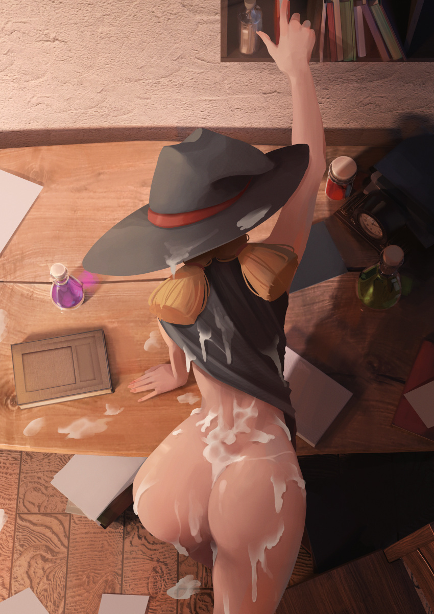 1girl absurdres ass bangs bent_over blonde_hair blunt_bangs blush breasts bukkake cloak cum cum_on_body cum_on_clothes flask from_above hat highres long_hair naked_cloak notes original short_twintails solo sushoartworks twintails witch_hat