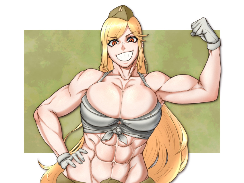 1girl abs bangs blonde_hair breasts cleavage eyebrows_visible_through_hair flexing front-tie_top garrison_cap girls'_frontline gloves green_background hand_on_hip hat highres large_breasts long_hair looking_at_viewer m2hb_(girls'_frontline) muscular muscular_female navel open_mouth pose red_eyes rob_110101101 shirt simple_background smile solo teeth
