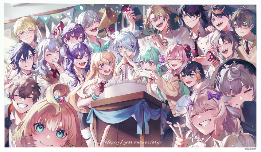 6+boys 6+girls absurdres alban_knox anniversary bangs black_hair blonde_hair blue_hair blush brown_hair cake closed_eyes closed_mouth collared_shirt commentary elira_pendora english_commentary english_text enna_alouette ethyria everyone finana_ryugu food fulgur_ovid glasses grey_hair grin hair_between_eyes hair_over_one_eye head_wings heart highres ike_eveland lazulight long_hair long_sleeves luca_kaneshiro luxiem millie_parfait multicolored_hair multiple_boys multiple_girls mysta_rias necktie nijisanji nijisanji_en nina_kosaka noctyx obsydia_(nijisanji) one_eye_closed open_mouth orange_hair papercider petra_gurin pink_hair pointy_ears pomu_rainpuff red_hair red_necktie reimu_endou rosemi_lovelock selen_tatsuki shirt short_hair shu_yamino smile sonny_brisko twitter_username two-tone_hair uki_violeta vox_akuma yugo_asuma