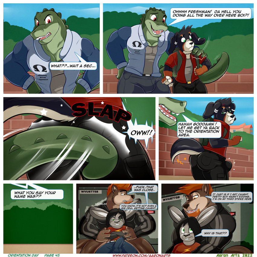 aaron_(artist) alligator alligatorid andy_porter annoyed annoyed_expression anthro backpack bernard_(aaron) bernese_mountain_dog big_bulge big_butt black_body black_bottomwear black_clothing black_fur black_hair black_hoodie black_pants black_topwear border bottomless bottomless_male bottomwear brick_wall brown_body brown_fur buckteeth bulge butt butt_slap canid canine canis clothed clothing college college_student comic countershade_face countershading crocodilian cross-popping_vein crossed_arms dipstick_ears domestic_dog duo ear_piercing english_text eyebrow_piercing facial_hair facial_piercing fingerless_(marking) fingerless_gloves_(marking) fraternity fur gloves_(marking) graphic_tee green_body green_eyes green_scales grey_clothing grey_shirt grey_topwear hair hand_on_shoulder hands_on_hips hi_res hiding hoodie jacket jewelry lagomorph leporid letterman_jacket long_ears long_hair male mammal marcelo_(aaron) markings molosser mountain_dog multicolored_ears muscular muscular_anthro muscular_male omega_symbol onomatopoeia orange_eyes orange_hair outside pants piercing plant profanity rabbit red_clothing red_eyes red_shirt red_topwear reptile scales scalie school sharp_teeth shirt short_ears short_hair sky slap sore_bottom sound_effects speech_bubble spiky_hair swiss_mountain_dog tan_body tan_fur teeth tenting text topwear tree wall_(structure) white_border wolf