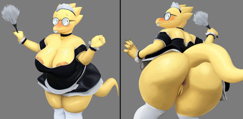 absurd_res alphys animal_humanoid anthro anus big_breasts big_butt blush breasts buckteeth butt clothed clothing coffeewithdicks colored_nails deltarune eyewear female footwear freckles freckles_on_breasts freckles_on_butt freckles_on_chest glasses hi_res holding_object humanoid legwear looking_at_viewer low-angle_view maid_apron maid_collar maid_hat maid_headdress maid_uniform multiple_angles nails nipple_slip nipples raised_tail scalie scalie_humanoid simple_background socks solo teeth thick_thighs tight_clothing undertale_(series) uniform video_games wide_hips worm's-eye_view yellow_body yellow_skin