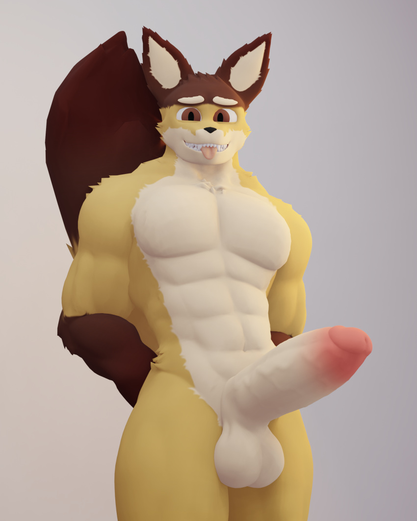absurd_res anthro anxiboi balls biceps big_penis big_tail black_nose blep brown_body brown_fur canid canine fox fur genitals hands_behind_back hi_res humanoid_genitalia humanoid_penis looking_at_viewer male mammal muscular muscular_thighs penis presenting smile solo tongue tongue_out white_body white_fur yellow_body yellow_fur