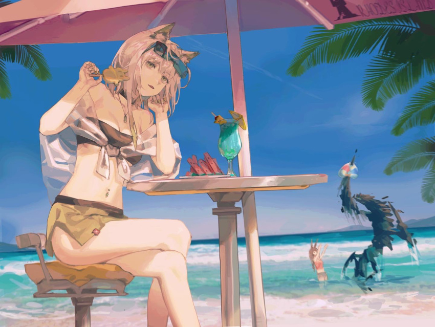 2girls amiya_(arknights) animal_ears arknights bandeau bare_shoulders beach_umbrella blue_sky breasts brown_hair cat_ears cleavage commentary_request crossed_legs cup drinking_glass eyewear_on_head feet_out_of_frame food grey_eyes holding holding_food kal'tsit_(arknights) long_hair looking_at_viewer midriff miniskirt mon3tr_(arknights) multiple_girls nana_keki navel_piercing ocean off_shoulder official_alternate_costume outdoors parted_lips piercing popsicle rabbit_ears sitting skirt sky small_breasts stomach strapless sunglasses thighs tube_top umbrella water watermelon_slice white_hair