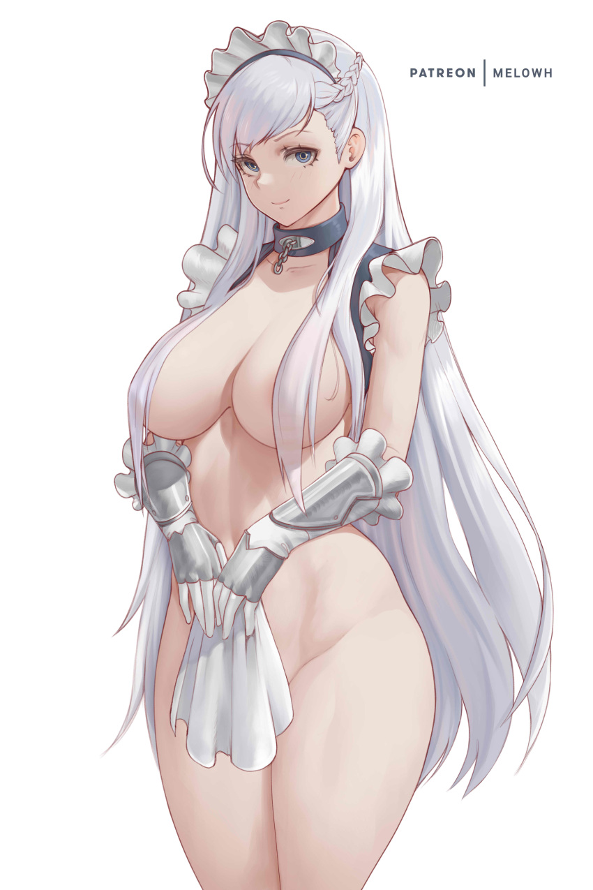 1girl absurdres azur_lane bangs belfast_(azur_lane) blue_eyes bottomless breasts breasts_out broken broken_chain chain cleavage collar covered_nipples covering covering_crotch frilled_sleeves frills gloves highres large_breasts little_bel_(azur_lane) looking_at_viewer maid maid_headdress melowh no_panties no_pants plump solo standing thick_thighs thighs white_hair