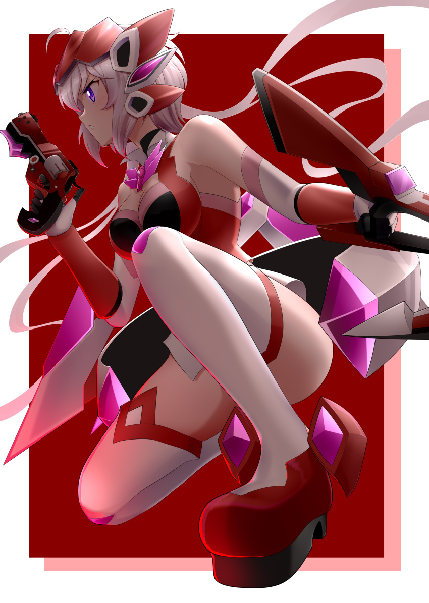 1girl absurdres blush border breasts cleavage cleavage_cutout clothing_cutout crossbow elbow_gloves from_side galactic_small_yellow gloves grey_hair gun handgun highres holding holding_gun holding_weapon long_hair low_twintails medium_breasts outside_border parted_lips purple_eyes red_background red_footwear revolver senki_zesshou_symphogear solo squatting thighhighs twintails very_long_hair weapon white_border white_gloves yukine_chris