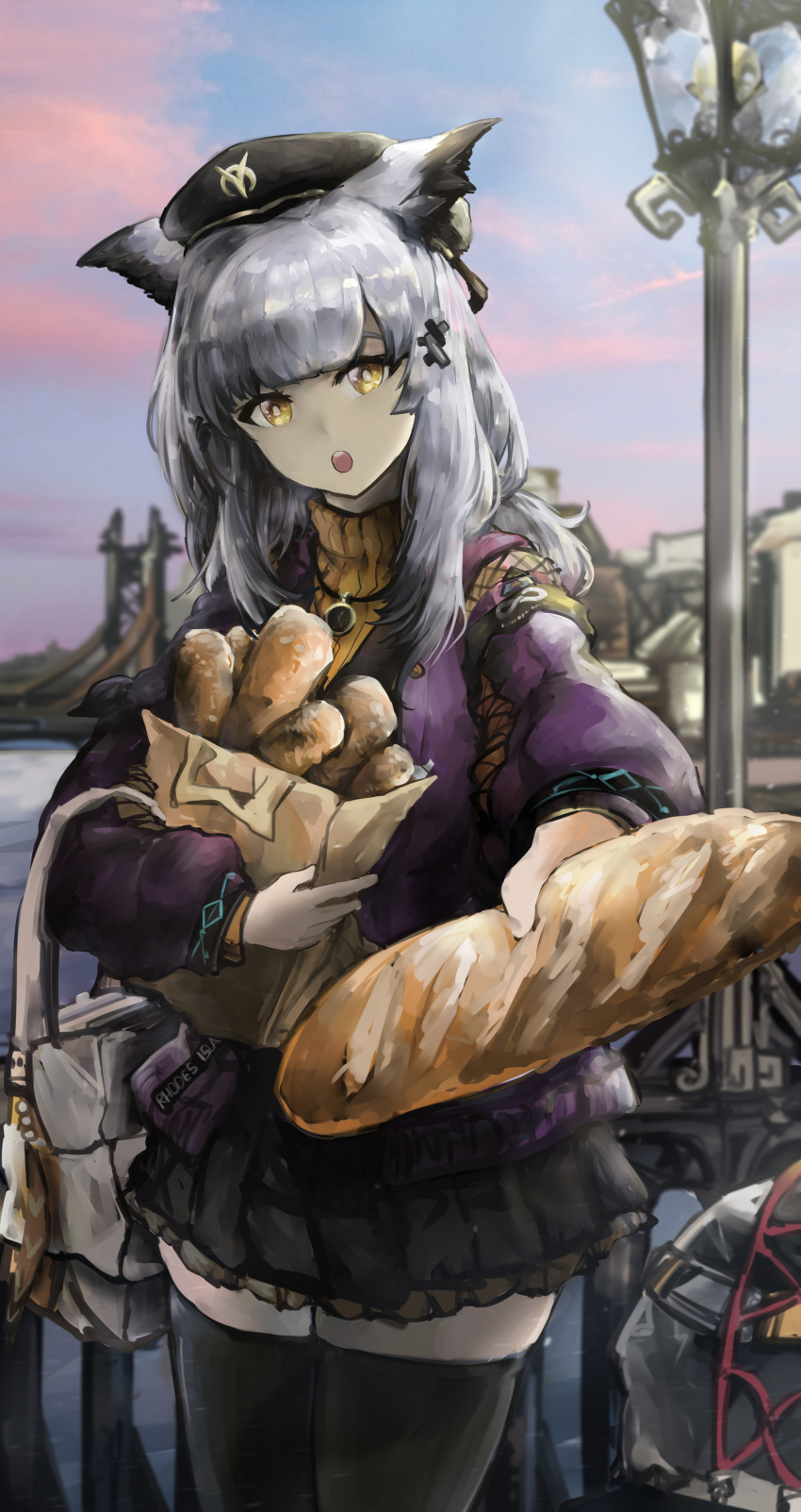 1girl :o absurdres arknights bag bangs black_headwear black_legwear bread bridge bright_pupils cowboy_shot evening food grey_hair hair_ornament hat highres holding holding_bag holding_food infection_monitor_(arknights) jacket lamppost long_hair long_sleeves looking_at_viewer open_mouth orange_eyes owl_ears ptilopsis_(arknights) ptilopsis_(serenity)_(arknights) purple_jacket skirt solo sweater teeth thighhighs turtleneck turtleneck_sweater upper_teeth vyragami white_pupils yellow_eyes zettai_ryouiki