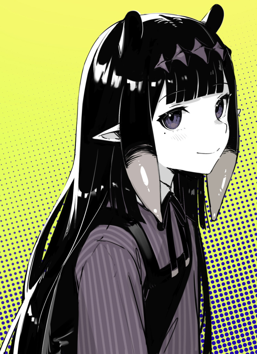 1girl bangs blunt_bangs blush closed_mouth commentary dotted_background dress english_commentary highres hololive hololive_english long_hair looking_at_viewer mole mole_under_eye ninomae_ina'nis partially_colored pinafore_dress pinstripe_pattern pinstripe_shirt pointy_ears rakku_(rkrmz0n) shirt sidelocks smile solo striped tentacle_hair upper_body virtual_youtuber yellow_background