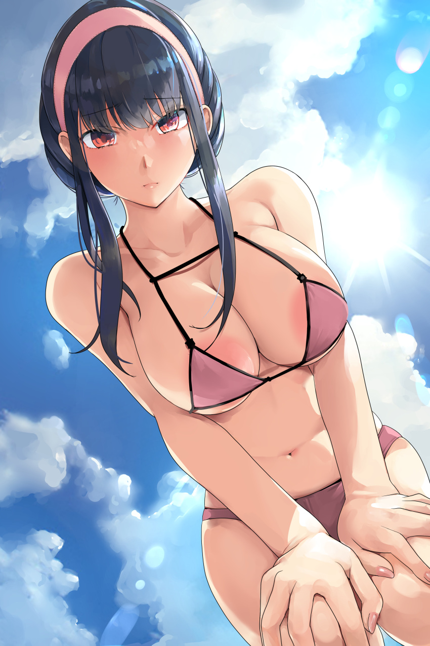 1girl absurdres areola_slip bangs bare_arms bikini black_hair blue_sky breasts cleavage closed_mouth cloud collarbone commentary_request day eyebrows_visible_through_hair from_below hands_on_own_knees highres kntrs_(knyrs) large_breasts looking_at_viewer navel outdoors red_eyes sidelocks sky solo spy_x_family stomach sun swimsuit yor_briar