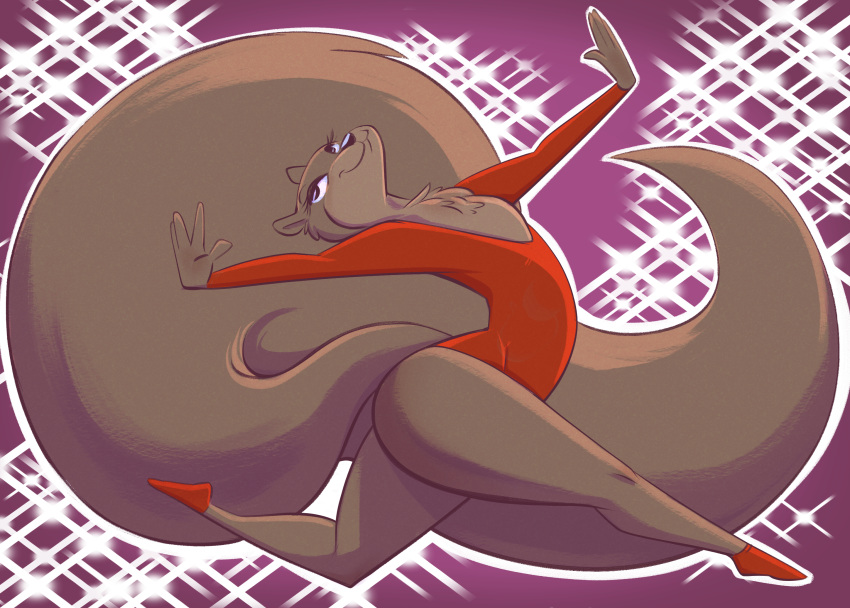 2019 absurd_res animalympics anthro brown_fur clothed clothing digital_media_(artwork) female footwear fur gymnast hi_res joelasko leotard long_tail mammal marten mustelid sable smile solo tatiana_tuschenko thick_thighs