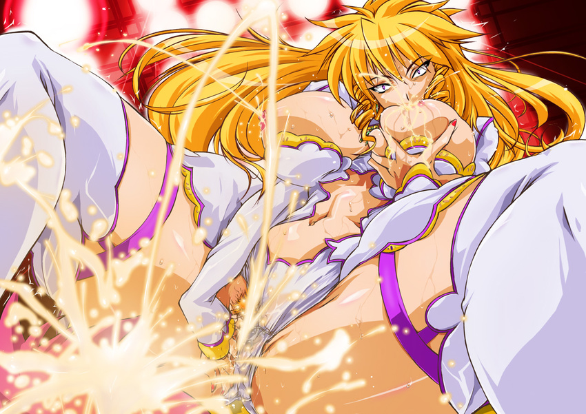 ahegao beauty_ichigaya blonde_hair breasts d-stop fingering fucked_silly golden_shower huge_breasts lactation pee peeing pubic_hair pussy ringlets solo thighhighs wrestle_angels