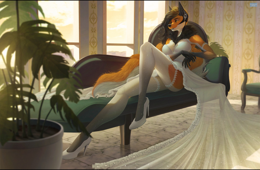 2022 5_fingers anthro black_hair breasts canid canine clothed clothing detailed_background digital_media_(artwork) female fingers fur gizmo0sue hair hi_res mammal orange_body orange_fur solo
