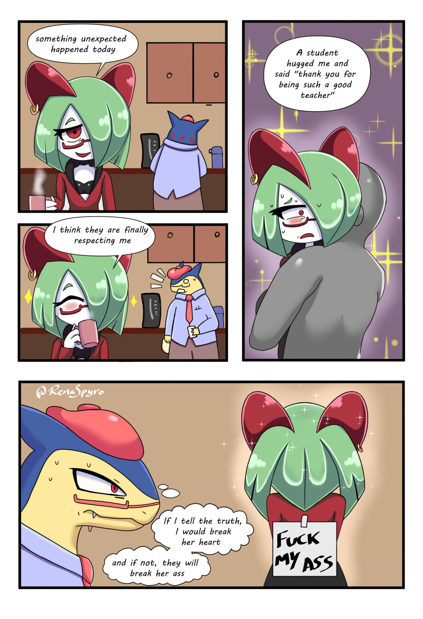 absurd_res beret beverage bodily_fluids clothing coffee comic dialogue embrace ethan_(renaspyro) eyewear female feral furgonomics furry-specific_piercing glasses green_hair hair hat headgear headwear hi_res hug humanoid karma_(renaspyro) kirlia male necktie nintendo open_chested_shirt piercing pok&eacute;mon pok&eacute;mon_(species) prank renaspyro smile sweat thought_bubble typhlosion video_games white_body white_skin