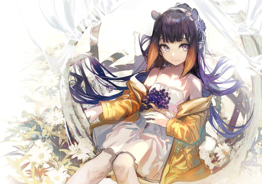 1girl akieda bangs blunt_bangs commentary_request dress eyebrows_visible_through_hair feet_out_of_frame hololive hololive_english jacket long_hair long_sleeves looking_at_viewer ninomae_ina'nis pointy_ears purple_eyes purple_hair sitting smile solo