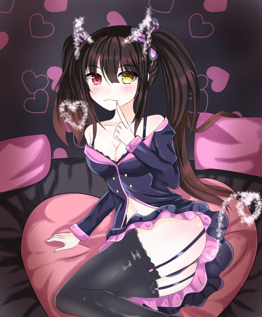 alternate_costume ass black_bra black_hair bra butterfly_hair_ornament catssoft1 clock date_a_live frilled_skirt frills garter_straps hair_ornament heterochromia highres honey_whip_(module) lace-trimmed_legwear lace_trim layered_skirt off-shoulder_jacket off-shoulder_shirt off_shoulder project_diva_(series) red_eyes shirt sitting skirt sweet_devil_(vocaloid) symbol-shaped_pupils tokisaki_kurumi twintails underwear uneven_twintails yellow_eyes