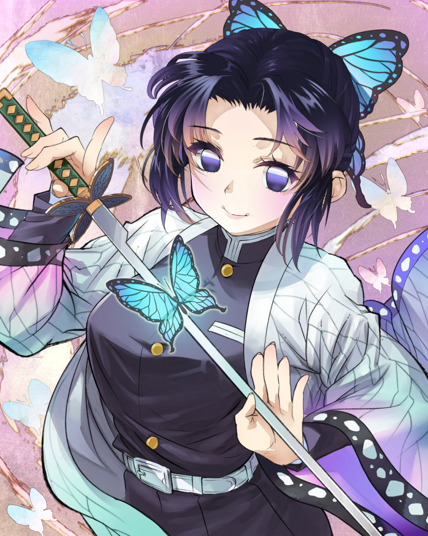 1girl bangs bug butterfly hair_ornament highres hirokiku holding holding_sword holding_weapon kimetsu_no_yaiba kochou_shinobu purple_eyes purple_hair smile solo sword weapon