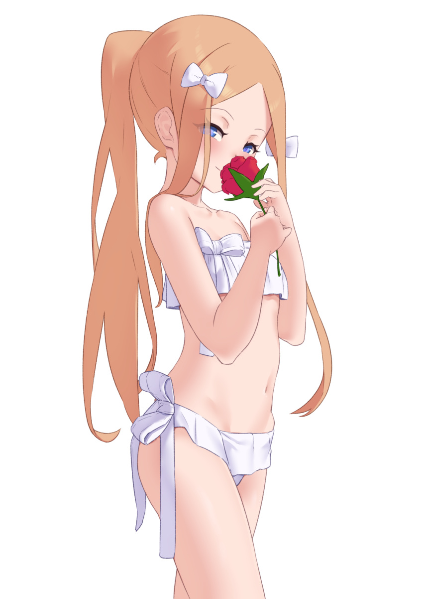 1girl abigail_williams_(fate) abigail_williams_(swimsuit_foreigner)_(fate) abigail_williams_(swimsuit_foreigner)_(third_ascension)_(fate) bikini blonde_hair blue_eyes bow closed_eyes closed_mouth eyebrows_visible_through_hair fate/grand_order fate_(series) flat_chest flower frilled_bikini frills hair_bow highres holding holding_flower jilu long_hair looking_at_viewer navel ponytail red_flower red_rose rose simple_background smile solo swimsuit white_background white_bikini white_bow