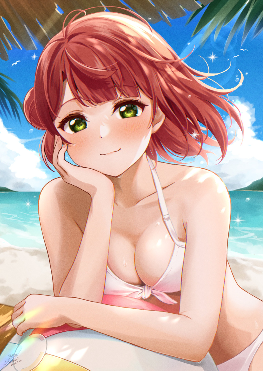 1girl a_chamaru5 absurdres ball bangs beach beachball bikini blue_sky blunt_bangs blush cloud day half_updo highres horizon looking_at_viewer love_live! love_live!_nijigasaki_high_school_idol_club medium_hair ocean orange_hair outdoors palm_tree pink_hair sand side_bun sky smile swept_bangs swimsuit tree uehara_ayumu water water_balloon white_bikini yellow_eyes