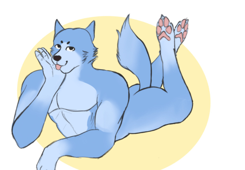ambiguous_gender anthro blue canid canine canis crossed_legs fox fur girly hi_res hybrid jessoji looking_at_viewer lying male mammal nude on_front slim slim_male smile smug solo tail tongue tongue_out wolf