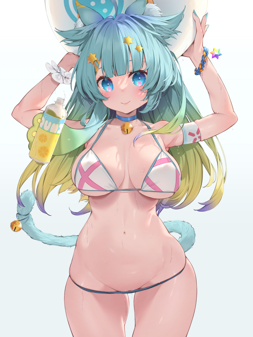 1girl animal_ears aqua_hair aqua_nails arms_up ball bangs bikini blonde_hair blue_background blue_hair blunt_bangs bottle breasts cat_ears cat_tail closed_mouth gradient gradient_background gradient_hair highres holding holding_ball indie_virtual_youtuber lanmewko large_breasts long_hair looking_at_viewer multicolored_hair nail_polish navel solo sweat swimsuit tail virtual_youtuber waterring