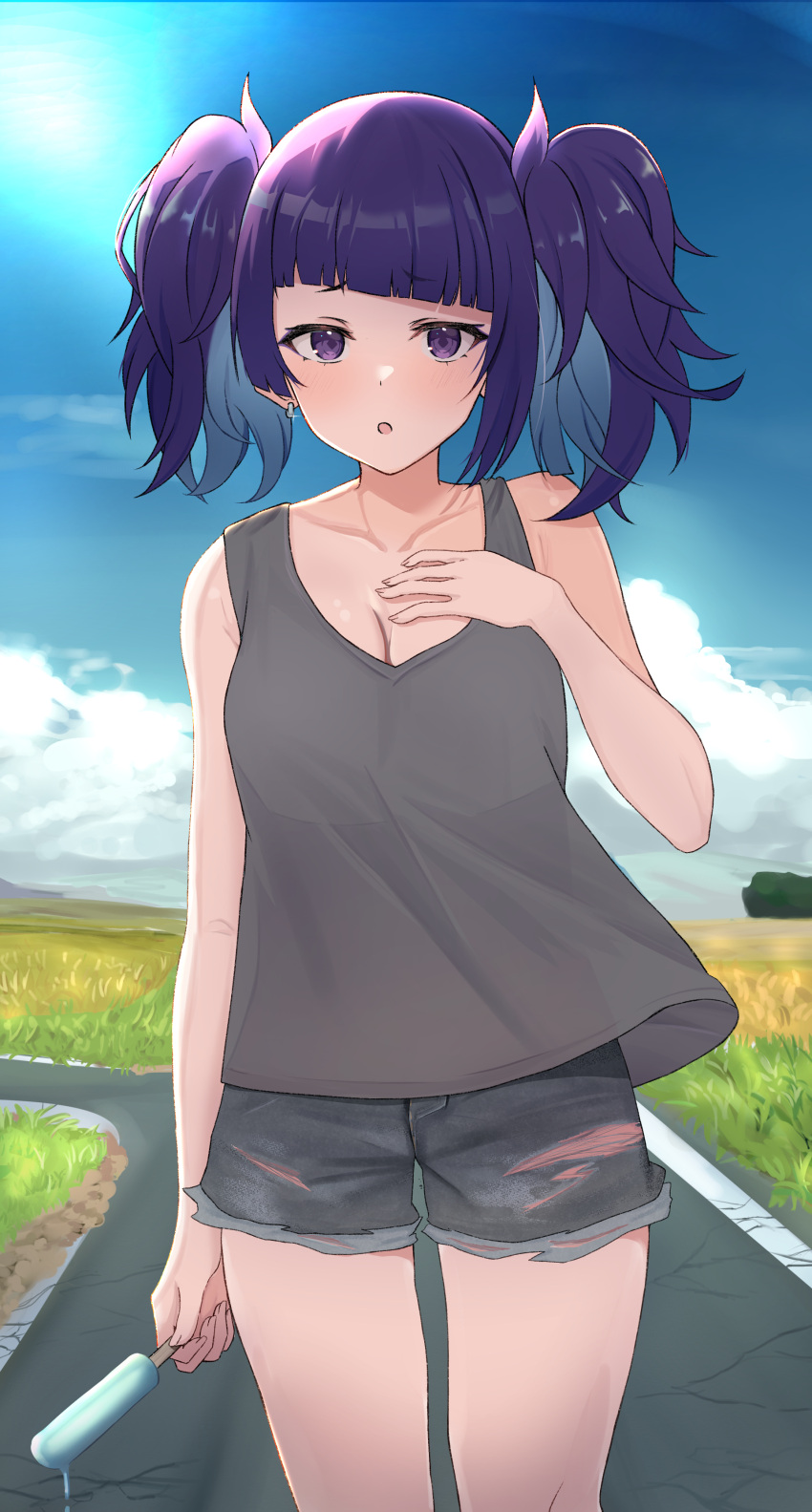 1girl :o absurdres asymmetrical_bangs bangs blue_sky blunt_bangs breasts cleavage cloud collarbone cowboy_shot crack diagonal_bangs earrings glint grass grey_tank_top highres holding_ice_cream ice_cream_bar idolmaster idolmaster_shiny_colors jewelry looking_at_viewer messy_hair outdoors purple_eyes purple_hair road shorts sky solo tanaka_mamimi tank_top thighs torn_clothes torn_shorts twintails yui081