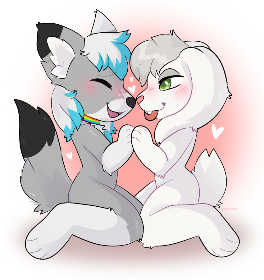 &lt;3 anthro belovedfoxx blep blush canid canine canis dante_kinkade duo eyes_closed hand_holding happy hi_res invalid_tag kneeling lagomorph leporid male male/male mammal nose_rubbing rabbit tongue tongue_out wolf zack_(thezackrabbit)