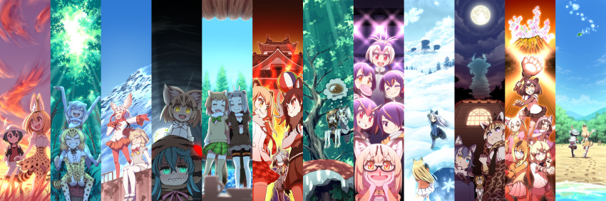 6+girls :d ^_^ absurdres african_wild_dog_(kemono_friends) alpaca_ears alpaca_suri_(kemono_friends) alpaca_tail american_beaver_(kemono_friends) animal_ears antlers aqua_hair backpack bag ball bear_ears bear_paw_hammer bear_tail beaver_ears beaver_tail bird_tail bird_wings black-tailed_prairie_dog_(kemono_friends) black_bow black_bowtie blonde_hair blood blush bow bowtie breasts brown_bear_(kemono_friends) campo_flicker_(kemono_friends) cat_ears closed_eyes column_lineup commentary_request common_raccoon_(kemono_friends) dog_ears eating emperor_penguin_(kemono_friends) eurasian_eagle_owl_(kemono_friends) ezo_red_fox_(kemono_friends) fennec_(kemono_friends) food forest fox_ears fox_tail fur_collar gentoo_penguin_(kemono_friends) giraffe_ears giraffe_horns giraffe_print glasses gloves glowing glowing_eyes golden_snub-nosed_monkey_(kemono_friends) gradient_bow grass grey_hair grey_wolf_(kemono_friends) hair_between_eyes hair_over_one_eye hat hat_feather head_wings headphones helmet highres holding holding_strap holding_weapon hologram hood hoodie horns humboldt_penguin_(kemono_friends) jacket jaguar_(kemono_friends) jaguar_ears jaguar_tail japanese_crested_ibis_(kemono_friends) japari_bun japari_symbol kaban_(kemono_friends) kemono_friends lion_(kemono_friends) lion_ears long_hair margay_(kemono_friends) mirai_(kemono_friends) monkey_ears monkey_tail moose_(kemono_friends) moose_ears mountain multicolored_hair multiple_girls nature necktie northern_white-faced_owl_(kemono_friends) nosebleed open_mouth orange_bow orange_bowtie otter_ears otter_tail outdoors pince-nez pith_helmet print_bow print_bowtie raccoon_ears red_bow red_bowtie reticulated_giraffe_(kemono_friends) ribbon rockhopper_penguin_(kemono_friends) royal_penguin_(kemono_friends) sand_cat_(kemono_friends) sandstar serval_(kemono_friends) serval_print shapoco shoebill_(kemono_friends) silver_fox_(kemono_friends) skirt sky small-clawed_otter_(kemono_friends) smile snow spoilers spoon striped_tail tail thighhighs thought_bubble tree tsuchinoko_(kemono_friends) twitter_username two-tone_bowtie weapon white_bow white_bowtie white_legwear wings wolf_ears
