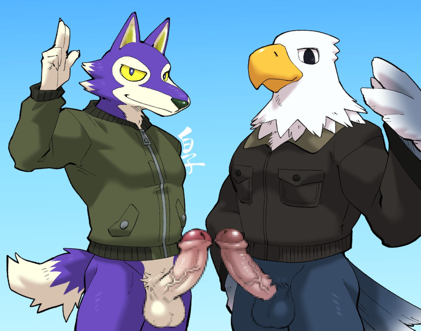 accipitrid accipitriform animal_crossing anthro apollo_(animal_crossing) avian bald_eagle bird bottomless canid canine canis clothed clothing duo eagle erection foreskin genitals greeting hi_res humanoid_genitalia humanoid_penis lobo_(animal_crossing) male mammal nintendo penis sea_eagle shirako video_games wolf