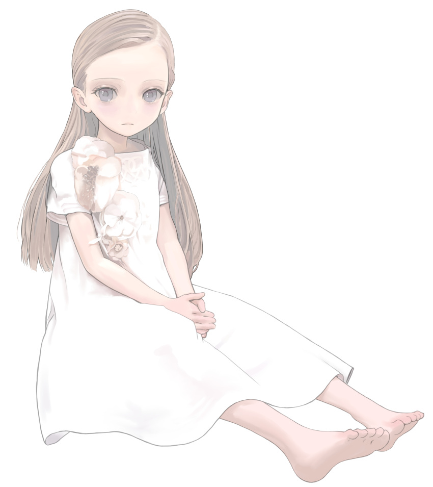 1girl barefoot blush dress expressionless feet full_body grey_eyes highres light_brown_hair long_hair looking_at_viewer mocha_(snowflake) original own_hands_clasped own_hands_together simple_background sitting soles solo toes white_background white_dress