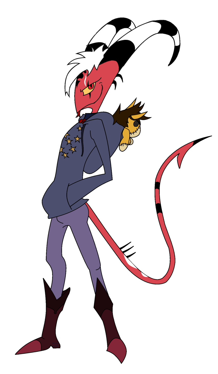 blep blitzo_(helluva_boss) boots charbold clothed clothing demon digital_media_(artwork) flat_colors footwear hair helluva_boss hi_res hoodie imp looking_at_viewer male plushie red_body red_eyes simple_background smile solo standing tongue tongue_out topwear