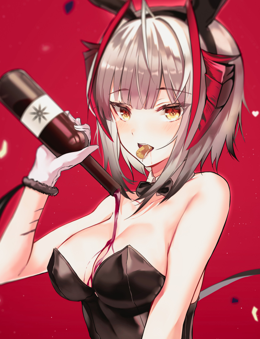 1girl absurdres ahoge alcohol alternate_costume animal_ears arknights bangs bare_arms bare_shoulders black_bow black_bowtie black_hairband black_leotard blush bottle bow bowtie breasts cleavage cork demon_horns detached_collar eyebrows_visible_through_hair fake_animal_ears gloves grey_hair hairband highres horns large_breasts leotard looking_at_viewer medium_hair mouth_hold parted_lips playboy_bunny pouring pouring_onto_self rabbit_ears red_background red_eyes saliva short_hair simple_background sion_(im10042m) solo sparkling_eyes strapless strapless_leotard upper_body w_(arknights) white_gloves wine wine_bottle yellow_eyes
