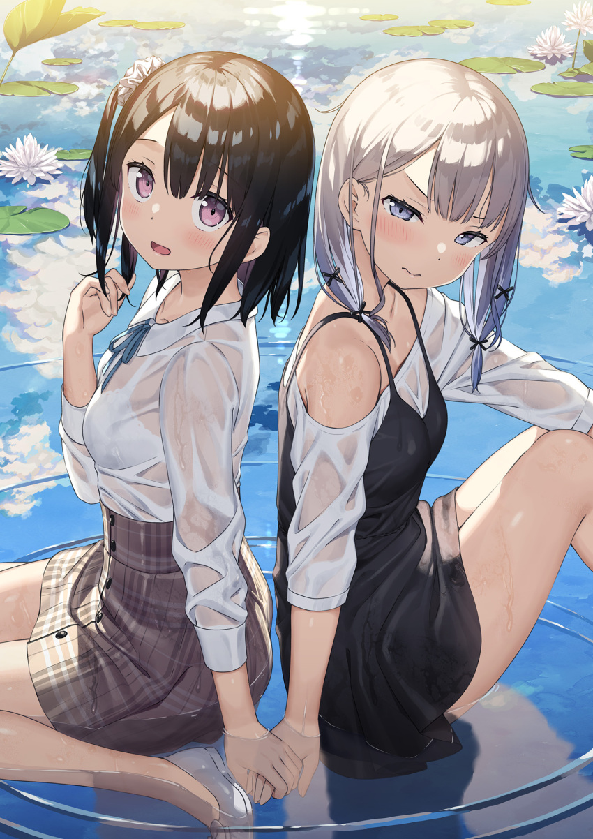 2girls 3: bare_legs black_hair blush bra breasts closed_mouth commentary flower from_side hair_ornament hair_scrunchie high-waist_skirt highres holding_hands ichika_(kantoku) kantoku light_smile lily_pad looking_at_viewer medium_hair multiple_girls off-shoulder_shirt off_shoulder one_side_up open_mouth original partially_submerged plaid plaid_skirt purple_eyes reflection ripples scan scrunchie see-through shirt shizuku_(kantoku) sitting skirt small_breasts underwear wariza water wet wet_clothes white_bra white_hair