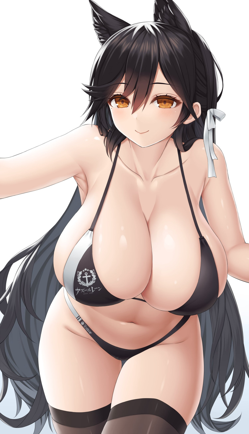 1girl absurdres anchor_symbol animal_ears armpits asamura_hiori atago_(azur_lane) atago_(stunning_speedster)_(azur_lane) azur_lane bangs bare_arms bare_shoulders bikini black_bikini black_hair black_legwear blush bow breasts brown_eyes cleavage closed_mouth collarbone commentary_request company_name dog_ears eyebrows_visible_through_hair gradient gradient_background hair_between_eyes hair_bow hair_ribbon highleg highleg_bikini highres huge_breasts leaning_forward light_blush lips logo long_hair looking_at_viewer mole mole_under_eye navel ribbon shiny shiny_clothes shiny_hair shiny_skin simple_background smile solo stomach swimsuit thighhighs thighs very_long_hair white_background white_ribbon