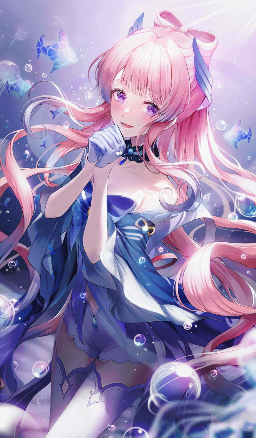 1girl :d absurdres air_bubble blue_dress breasts bubble cleavage collarbone detached_collar detached_sleeves dress fish genshin_impact gloves hair_ornament half_gloves highres iro_(iro_252_) long_hair looking_at_viewer medium_breasts own_hands_clasped own_hands_together pink_hair ponytail purple_eyes purple_hair sangonomiya_kokomi sleeveless sleeveless_dress smile solo sunlight thighhighs underwater white_gloves white_legwear wide_sleeves