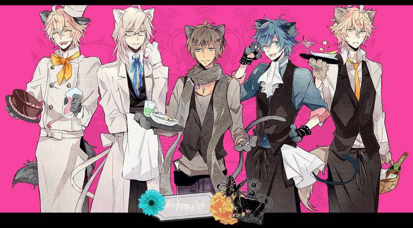 5boys :d ;d ahoge aijima_cecil animal_ears animal_hands apron aqua_flower ascot basket belt_pouch bespectacled black_apron black_pants black_vest blonde_hair blue_eyes blue_hair blue_ribbon blue_shirt bottle bowl brown_hair cake camus_(uta_no_prince-sama) cat_ears cat_tail chef_hat chef_uniform chest_tattoo chocolate_cake coat cocktail_glass collared_shirt cowboy_shot crown_(symbol) cup dark-skinned_male dark_skin drinking_glass drinking_straw fake_animal_ears fingerless_gloves flower food gerbera glasses gloves green_eyes grey_eyes grey_scarf grey_shirt hair_between_eyes hand_on_hip hand_up hat holding holding_basket holding_plate holding_tray ichinose_tokiya jewelry letterboxed lineup looking_at_viewer male_focus medium_hair multiple_boys neck_ribbon neckerchief necklace necktie one_eye_closed open_collar oroku pants pastry_bag paw_gloves pink_background plate pouch purple_pants ribbon salute scarf scowl shinomiya_natsuki shinomiya_satsuki shirt short_hair smile star_(symbol) tail tattoo teeth tilted_headwear towel tray two-finger_salute upper_teeth uta_no_prince-sama vest waist_apron waiter white_apron white_coat white_hair white_shirt wine_bottle wolf_ears wolf_tail yellow_flower yellow_neckerchief yellow_necktie