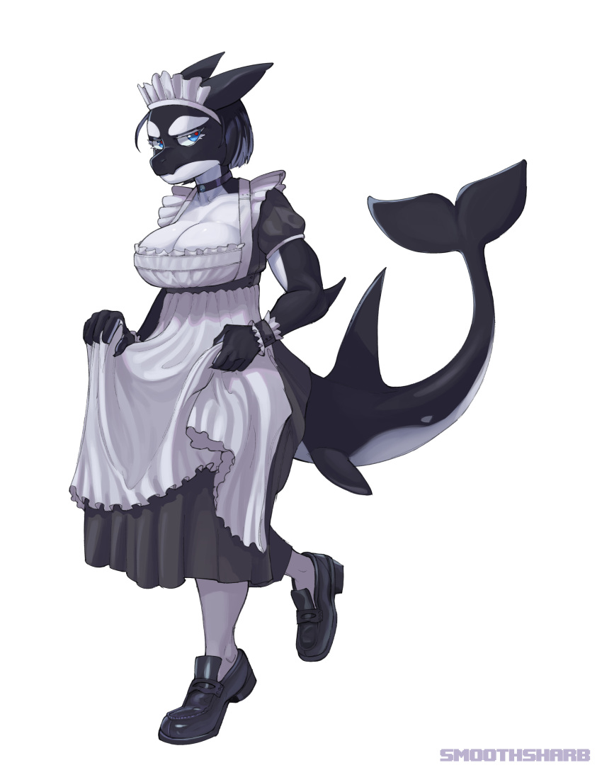 2022 5_fingers absurd_res alba_(smoothsharb) anthro artist_name big_breasts black_hair blue_eyes breasts cetacean choker cleavage clothed clothing cuffs_(clothing) delphinoid dress female fingers footwear frown fully_clothed hair hi_res jewelry looking_at_viewer maid_apron maid_headdress maid_uniform mammal marine necklace oceanic_dolphin orca shoes short_hair simple_background smoothsharb solo standing toothed_whale uniform white_background