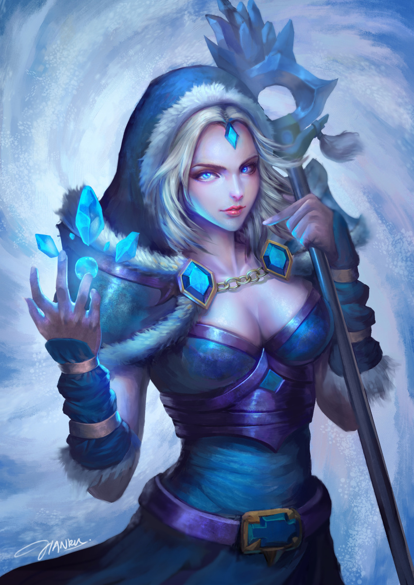 1girl absurdres blonde_hair blue_cape blue_dress blue_eyes blue_hood breasts cape cleavage closed_mouth crystal crystal_maiden dota_(series) dota_2 dress forehead_jewel highres holding holding_wand ice jianru lips long_hair looking_at_viewer signature smile solo wand