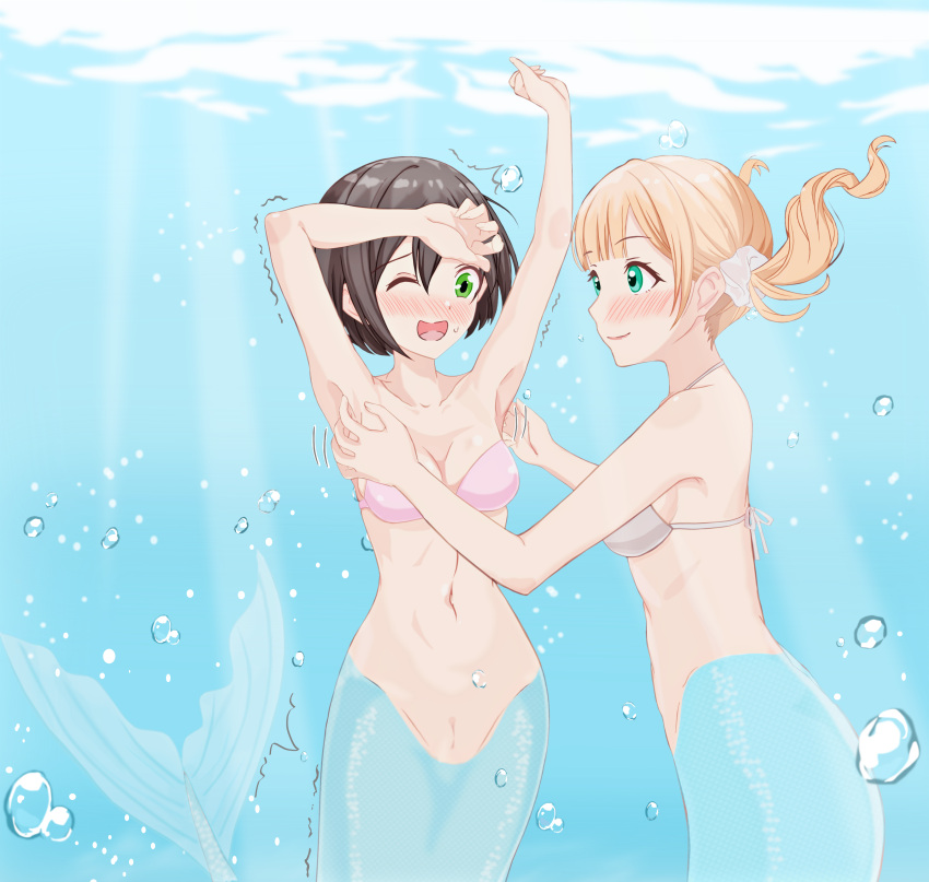 2girls ;d absurdres armpits arms_up bangs bare_shoulders bikini bikini_top_only black_hair blonde_hair blush breasts cleavage collarbone commentary_request english_commentary eyebrows_visible_through_hair green_eyes hair_between_eyes hair_ornament hair_scrunchie highres long_hair looking_at_another mermaid mixed-language_commentary monster_girl multiple_girls navel ocean one_eye_closed original pussy rinshi scrunchie short_hair sidelocks smile stomach surprised sweat swimsuit tickling trembling twintails underwater water_drop