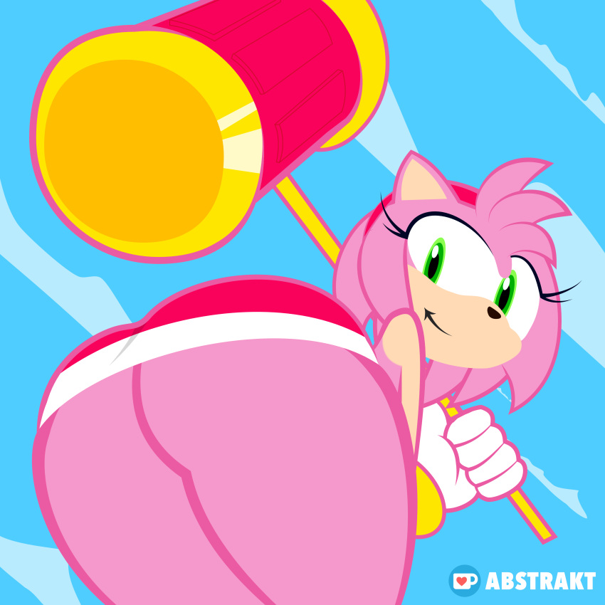 absurd_res amy_rose anthro butt butt_focus clothed clothing colored colored_outline eulipotyphlan female gloves handwear hedgehog hi_res looking_back mammal momozuki piko_piko_hammer sega solo sonic_the_hedgehog_(series)