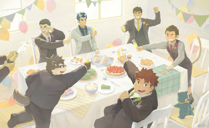 6+boys absurdres alternate_costume animal_ears balloon blue_eyes blue_fire blue_hair blush brown_eyes brown_fur brown_hair collared_shirt dog_ears fiery_hair fire food forked_eyebrows formal fruit furry furry_male glasses hanuman_(housamo) highres kengo_(housamo) long_sleeves looking_at_viewer male_focus moritaka_(housamo) multiple_boys muscular muscular_male necktie open_mouth pant_suit party ryota_(housamo) scar scar_on_face seamonsterping shiro_(housamo) shirt short_hair sitting smile suit suit_jacket sweets tail thick_eyebrows toji_(housamo) tokyo_afterschool_summoners