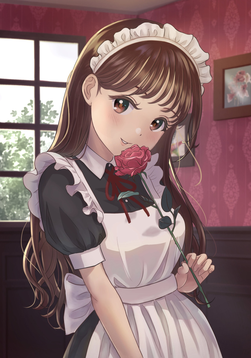 1girl absurdres apron bangs blush breasts brown_eyes brown_hair flower highres holding holding_flower indoors looking_at_viewer maid maid_apron maid_headdress medium_breasts neck_ribbon original parted_lips portrait_(object) puffy_short_sleeves puffy_sleeves red_flower red_ribbon red_rose ribbon rose satori_(user_kxjg8283) short_sleeves smile solo symbol-only_commentary upper_body window