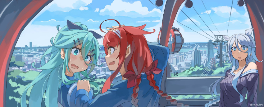 3girls aerial_tram ahoge blue_eyes blue_hair blush braid breasts building cable_car cloud day green_hair hair_between_eyes hair_flaps hair_ribbon hairband hand_on_another's_shoulder highres kantai_collection kawakaze_(kancolle) kawakaze_kai_ni_(kancolle) long_hair medium_breasts mole mole_under_eye multiple_girls open_mouth outdoors pointy_ears ponytail red_hair red_ribbon ribbon sidelocks single_braid sky sugue_tettou sweat twin_braids twitter_username umikaze_(kancolle) umikaze_kai_ni_(kancolle) very_long_hair yamakaze_(kancolle)