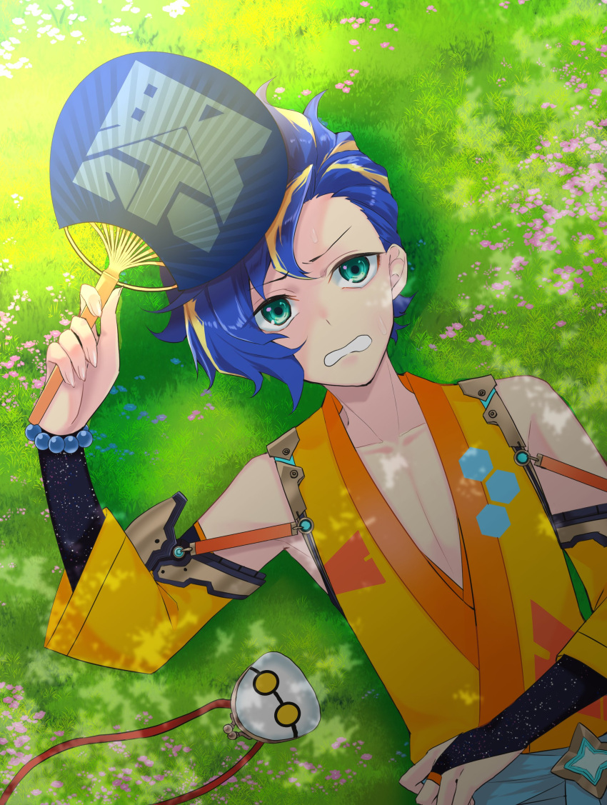 1boy absurdres astel_leda asymmetrical_bangs bangs bead_bracelet beads blonde_hair blue_hair blue_sash bracelet bridal_gauntlets character_print coin_purse dappled_sunlight detached_sleeves fingernails flower from_above gamaguchi grass green_eyes hand_fan hand_on_own_stomach highres holding holding_fan holostars hot japanese_clothes jewelry karamomo_(krmmap) looking_at_viewer lying male_focus multicolored_hair official_alternate_costume on_back on_grass open_mouth orange_shirt paper_fan pink_flower poruneu sash scowl shirt short_hair solo starry_sky_print streaked_hair sunlight sweat uchiwa upper_body virtual_youtuber